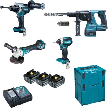 Immagine di KIT TRAPANO DHP486 AVVITATORE A IMPULSI DTD153 TASSELLATORE DHR243 E SMERIGLIATRICE DGA513 CON 3 BATTERIE DA 5,0 AH E CAR