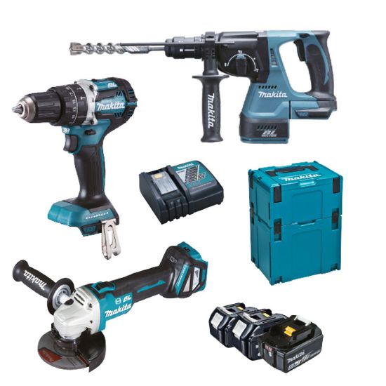 Immagine di KIT TRAPANO AVVITATORE DHP484 SMERIGLIATRICE DGA513 E TASSELLATORE DHR243 CON 3 BATTERIE DA 5,0 AH E CARICA BATTERIE DC18