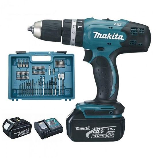 Immagine di TRAPANO AVVITATORE A PERCUSSIONE DHP453RF3J 42NM CON 2 BATTERIE 18V.3,0AH E VALIGETTA CON 74 ACCESSORI MAKITA