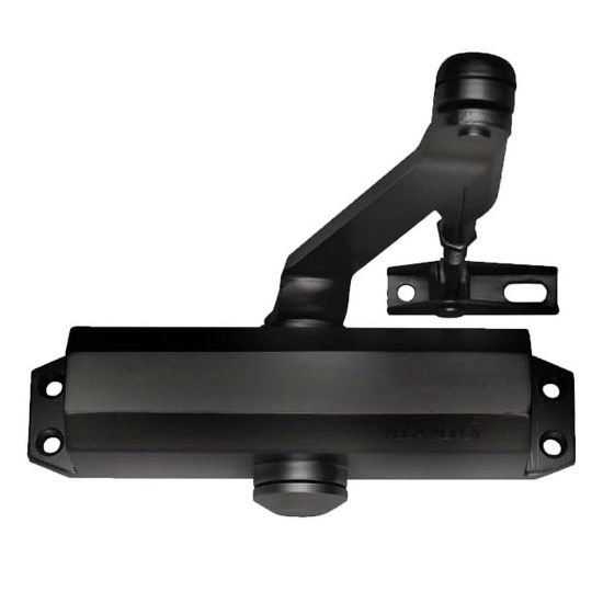 Immagine di CHIUDIPORTA A PIGNONE E CREMAGLIERA CON BRACCIO DI COLLEGAMENTO DC110 NERO RAL9005 PER PORTE TAGLIAFUOCO FINO 950 MM