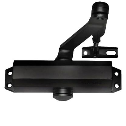 Immagine di CHIUDIPORTA A PIGNONE E CREMAGLIERA CON BRACCIO DI COLLEGAMENTO E FERMO D'ARRESTO DC110 NERO RAL9005 PORTE FINO A 950 MM