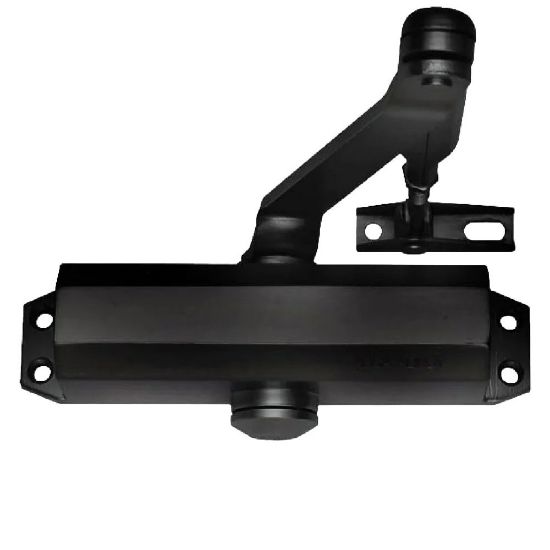 Immagine di CHIUDIPORTA A PIGNONE E CREMAGLIERA CON BRACCIO DI COLLEGAMENTO E FERMO D'ARRESTO DC110 NERO RAL9005 PORTE FINO A 950 MM