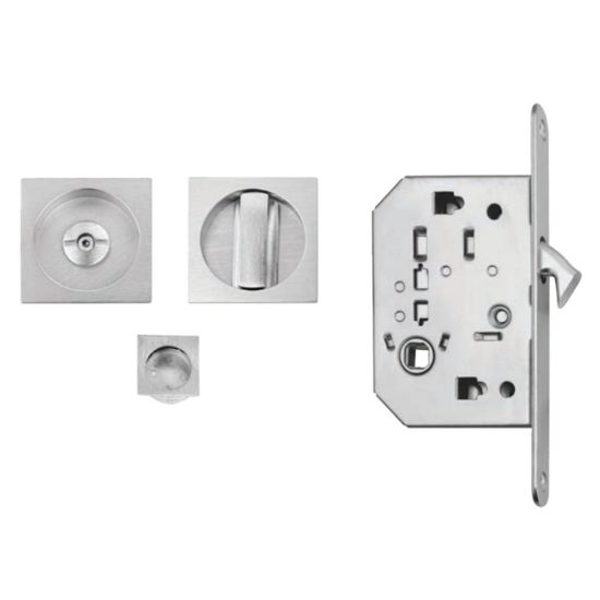 Immagine di SERRATURA IN KIT PER PORTA SCORREVOLE MODELLO 3667R WC CON TRASCINATORE QUADRO CROMO SATINATO FIMET