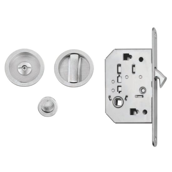 Immagine di SERRATURA IN KIT PER PORTA SCORREVOLE MODELLO 3666R WC CON TRASCINATORE TONDO CROMO SATINATO FIMET