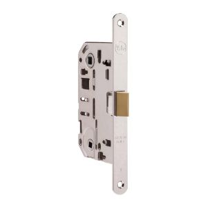 Immagine di SERRATURA INFILARE PER PORTE IN LEGNO 50x90 MM BORDO TONDO SCROCCO ABS CROMO SATINATO FUNZIONE CHIAVE ASSA ABLOY
