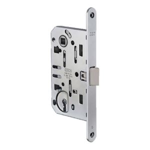 Immagine di SERRATURA INFILARE PER PORTE IN LEGNO 50x90 MM BORDO TONDO SCROCCO ABS CROMO SATINATO FUNZIONE CHIAVE AGB