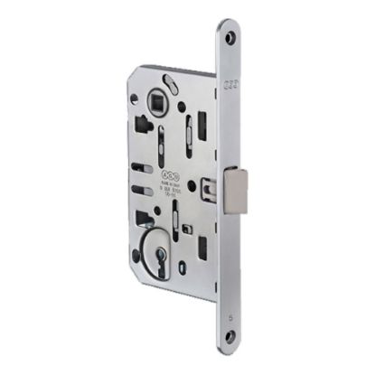 Immagine di SERRATURA INFILARE PER PORTE IN LEGNO 50x90 MM BORDO TONDO SCROCCO ABS CROMO SATINATO FUNZIONE CHIAVE AGB