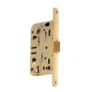 Immagine di SERRATURA INFILARE PER PORTE IN LEGNO 50x90 MM BORDO TONDO SCROCCO ABS OTTONE LUCIDO FUNZIONE CHIAVE AGB