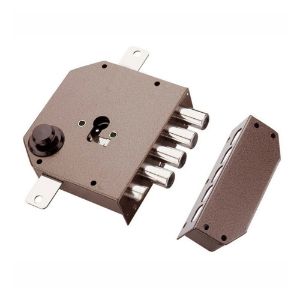 Immagine di SERRATURA AD APPLICARE TRIPLICE PREDISPOSIZIONE PER CILINDRO EUROPEO A 4 CATENACCI CON 1/2 GIRO SENZA ASTE VERNICIATO DX MOTTURA