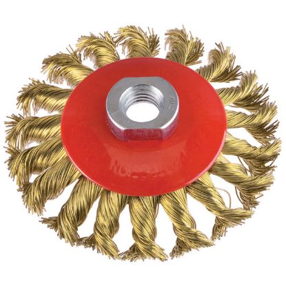 Immagine di SPAZZOLA CONICA RITORTA OTTONATA PER SMERIGLIATRICE DIAMETRO 100 MM