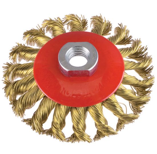 Immagine di SPAZZOLA CONICA RITORTA OTTONATA PER SMERIGLIATRICE DIAMETRO 100 MM