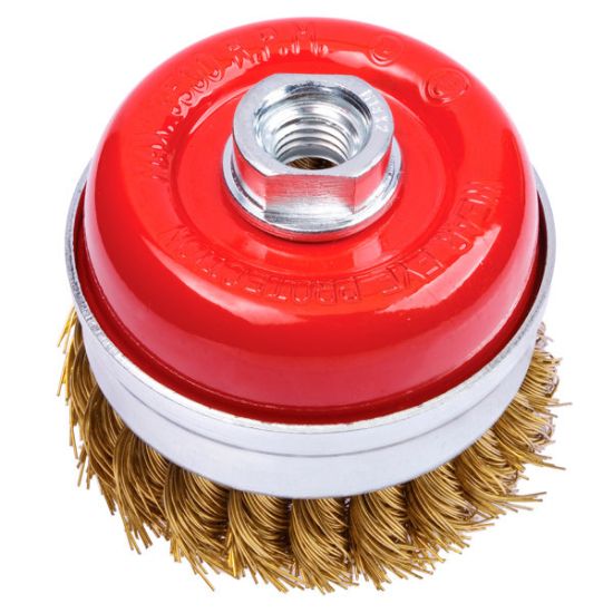 Immagine di SPAZZOLA A TAZZA RITORTA OTTONATA PER SMERIGLIATRICE DIAMETRO 65 MM