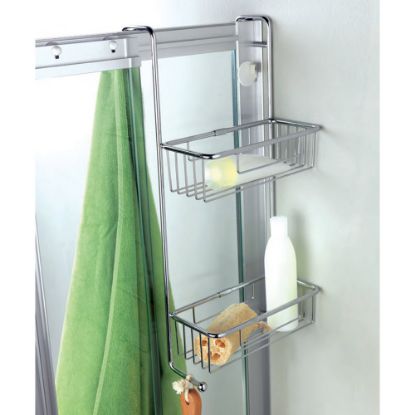 Immagine di PORTA OGGETTI DOCCIA CON GANCI RETTANGOLARE 2 RIPIANI ALTO CROMO STILHAUS