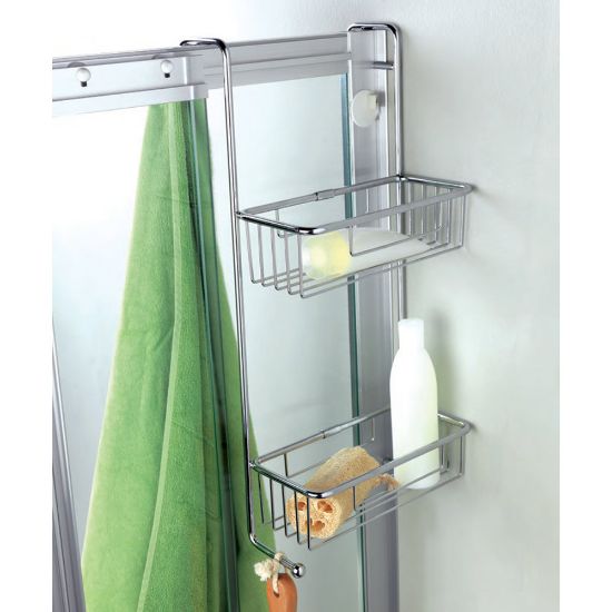 Immagine di PORTA OGGETTI DOCCIA CON GANCI RETTANGOLARE 2 RIPIANI ALTO CROMO STILHAUS