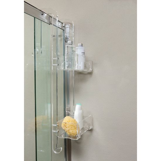 Immagine di PORTA OGGETTI DOCCIA CON GANCI RETTANGOLARE 2 RIPIANI ALTO PLEXIGLASS TRASPARENTE STILHAUS