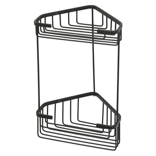 Immagine di PORTA OGGETTI DOCCIA A PARETE ANGOLARE 2 RIPIANI ALTO IN FILO NERO MATT GEDY