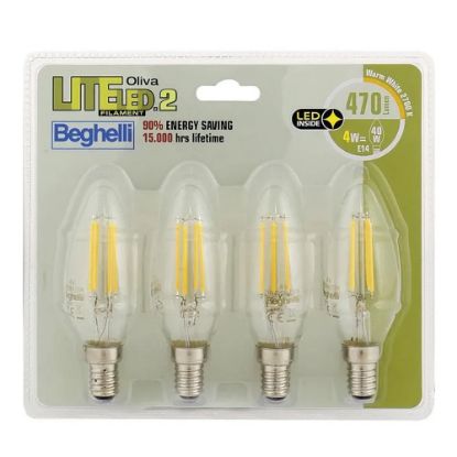 Immagine di LAMPADINA CON FILAMENTO LED OLIVA 4W ATTACCO E14 4K CONFEZIONE 4 PZ BEGHELLI