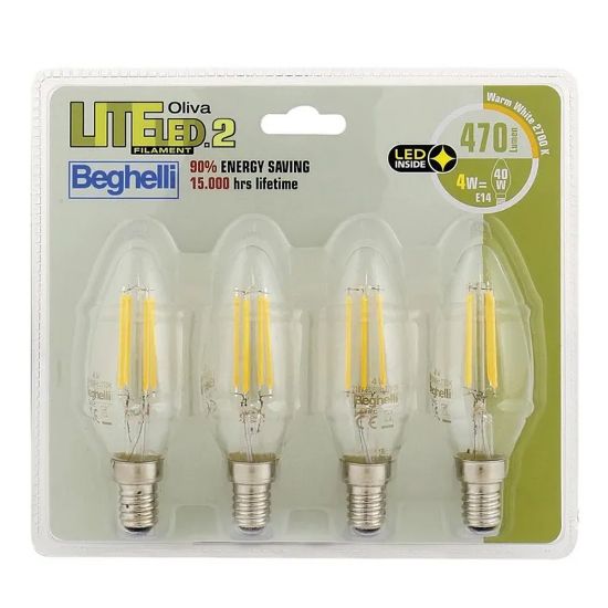 Immagine di LAMPADINA CON FILAMENTO LED OLIVA 4W ATTACCO E14 4K CONFEZIONE 4 PZ BEGHELLI
