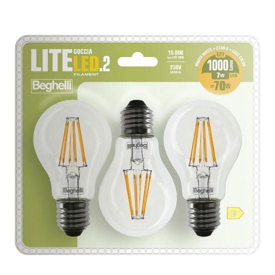 Immagine di LAMPADINA CON FILAMENTO LED GOCCIA 7W ATTACCO E27 4K CONFEZIONE 3 PZ BEGHELLI