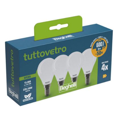 Immagine di LAMPADINA LED TUTTOVETRO OPALINO A SFERA 5W 3K ATTACCO E14 CONFEZIONE 4 PZ BEGHELLI