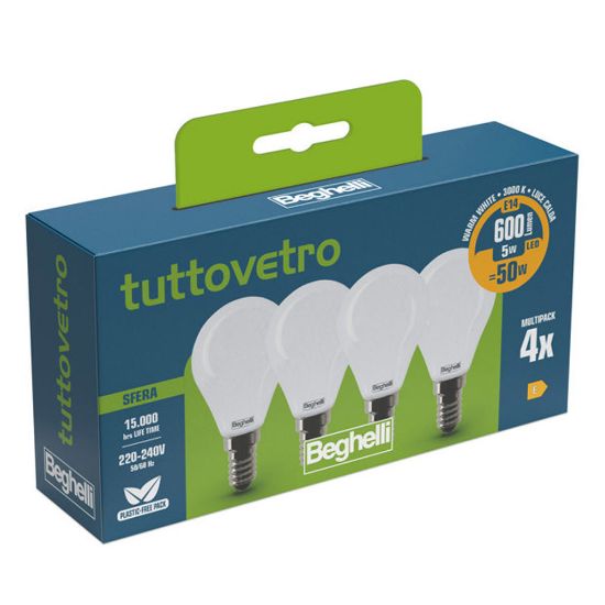 Immagine di LAMPADINA LED TUTTOVETRO OPALINO A SFERA 5W 3K ATTACCO E14 CONFEZIONE 4 PZ BEGHELLI