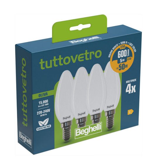 Immagine di LAMPADINA LED TUTTOVETRO OPALINO A OLIVA 5W 3K ATTACCO E14 CONFEZIONE 4 PZ BEGHELLI