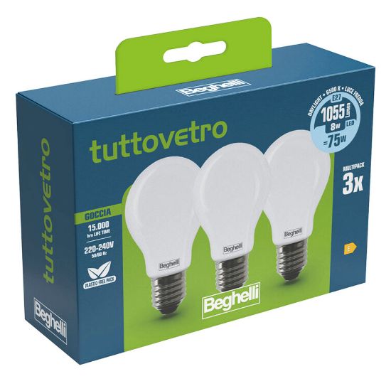 Immagine di LAMPADINA LED TUTTOVETRO OPALINO A GOCCIA 8W 6,5K ATTACCO E27 CONFEZIONE 3 PZ BEGHELLI
