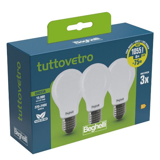 Immagine di LAMPADINA LED TUTTOVETRO OPALINO A GOCCIA 8W 4K, ATTACCO E27 CONFEZIONE 3 PZ BEGHELLI