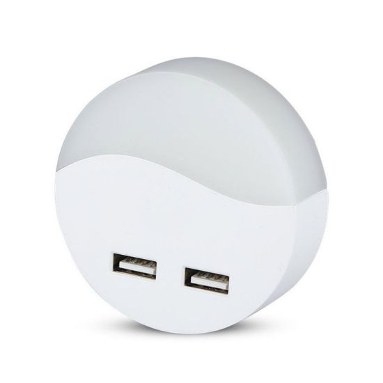 Immagine di LUCE NOTTURNA A LED SEGNAPASSI 3000K CON SENSORE RILEVATORE CREPUSCOLARE E 2 PORTE USB INTEGRATE 0,45W VT-84RD V-TAC