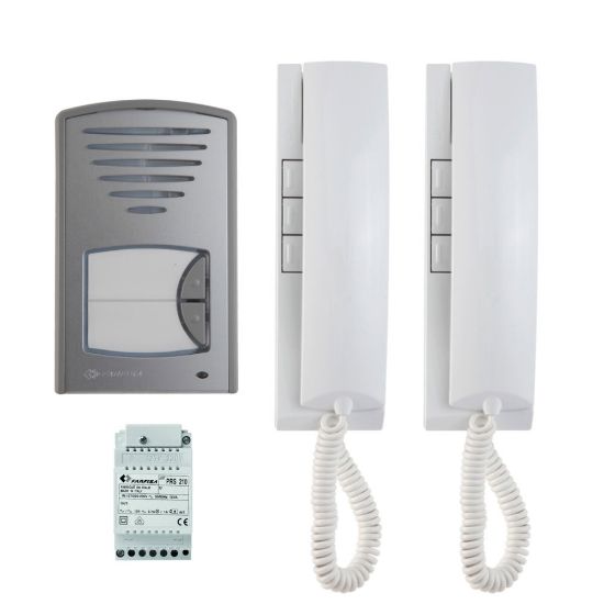 Immagine di KIT AUDIO BIFAMILIARE CLICKIT COMPOSTO DA 2 CITOFONI EXHITO EX311/1 PULSANTE CLICK FILO MURO/1 ALIMENTATORE FARFISA