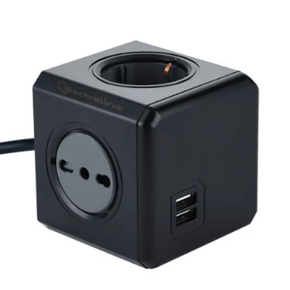 Immagine di MULTIPRESA CUBO NERA CON 2 PRESE SCHUKO, 2 BIVALENTI E 2 USB ELECTRALINE