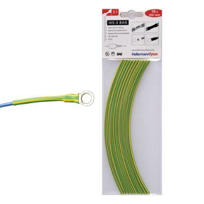 Immagine di GUAINA TERMORESTRINGENTE 3:1 GIALLO/VERDE 6/2 HIS-3 BLISTER 10 PZ HELLERMANNTYTON