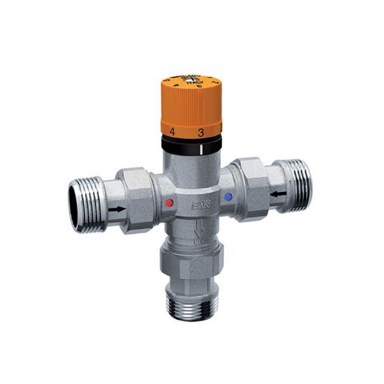 Immagine di MISCELATORE TERMOSTATICO 'SOLARFAR' 1" M- 25°-65° CON BOCCHETTONI 3/4" E VALVOLA DI RITEGNO FAR