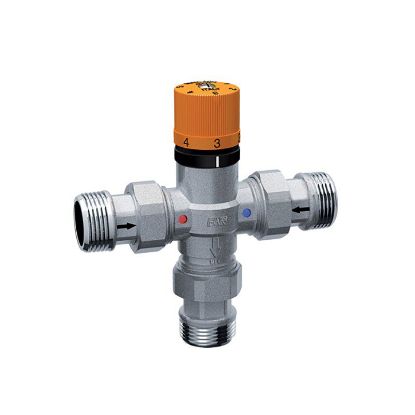 Immagine di MISCELATORE TERMOSTATICO 'SOLARFAR' 3/4" M-25°-65° CON BOCCHETTONI 1/2" E VALVOLA DI RITEGNO FAR