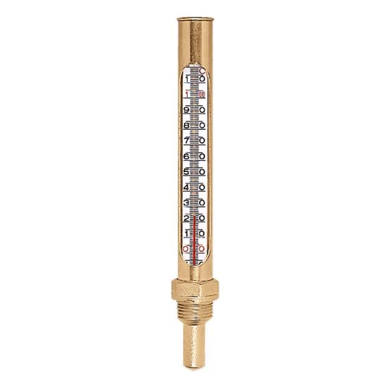 Immagine di TERMOMETRO IN VETRO CON CUSTODIA SCALA 0-120° GAMBO 45 MM . ATTACCO 1/2"M CALEFFI