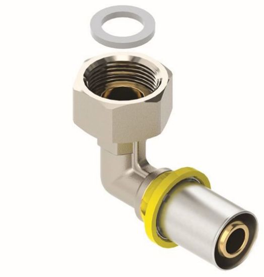 Immagine di CURVA 90° FEMMINA IN DUE PEZZI FILETTATA FEMMINA SEDE PIANA CON GIRELLO MULTIGAS Ø 20 MM 3/4"