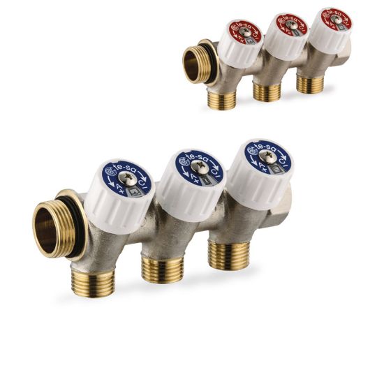 Immagine di COLLETTORE SANITARIO Ø 3/4" MF 3 VIE DA 1/2" CON RUBINETTI ED AUTOTENUTA TE-SA