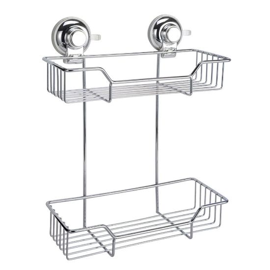 Immagine di PORTA OGGETTI DOCCIA A VENTOSA RETTANGOLARE 2 RIPIANI IN FILO CROMO GEDY