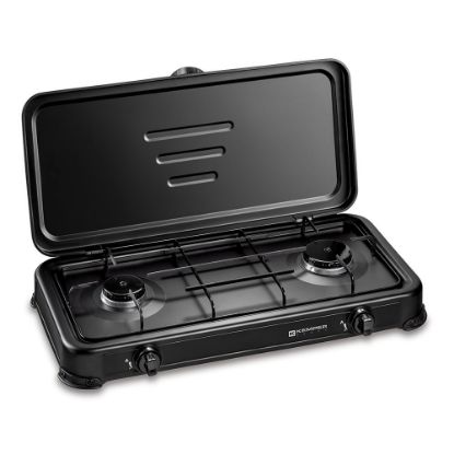 Immagine di FORNELLO A GAS GPL 2 FUOCHI SMALTATO NERO CON COPERCHIO KEMPER