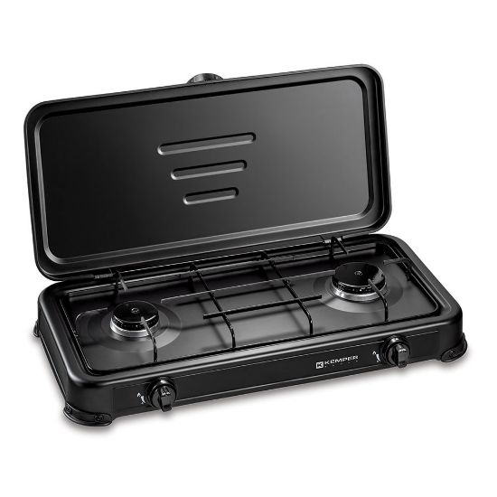 Immagine di FORNELLO A GAS GPL 2 FUOCHI SMALTATO NERO CON COPERCHIO KEMPER