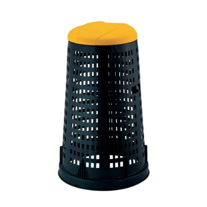 Immagine di TRESPOLO PORTASACCO GRIGLIATO IN POLIPROPILENE NERO 110 LT Ø 37 H 85,5 CM CON COPERCHIO GIALLO