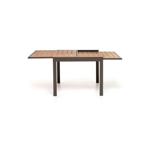 Immagine di TAVOLO DA GIARDINO IN ALLUMINIO MOD.OTRANTO MARRONE CON PIANO A DOGHE ALLUNGABILE IN POLYWOOD EFFETTO LEGNO L 90-180 P 90 H 75 IDEALE PER 4-6 POSTI