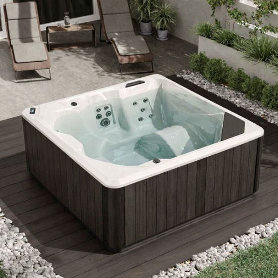 Immagine di MINIPISCINA DA ESTERNO VITA XL MISURA 200X200 CM H. 85 CM STD UV+CROMOLIGHT+BLUETOOTH CON PANNELLI DOGATI FINITURA DARK BROWN E COPERTURA ESTIVA NOVELLINI
