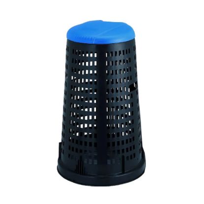 Immagine di TRESPOLO PORTASACCO GRIGLIATO IN POLIPROPILENE NERO 110 LT Ø 37 H 85,5 CM CON COPERCHIO BLU